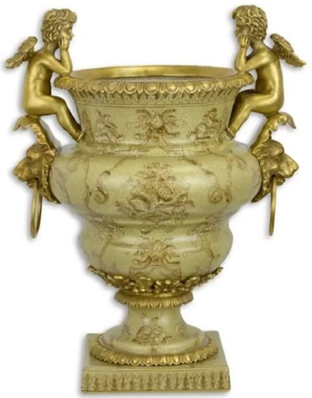 Direktkauf Casa Padrino Jugendstil Blumentopf Grün / Gold 27 x 19,8 x H. 33,8 cm - Porzellan Pflanzentopf mit Bronze Engelsfiguren und Löwenkopf Griffen - Deko Accessoires