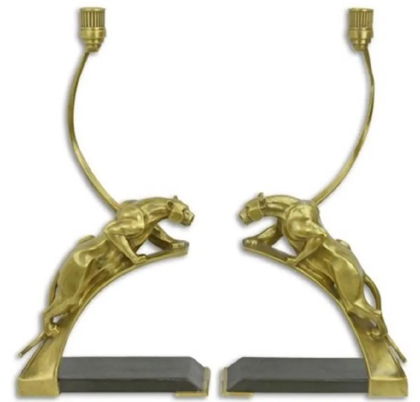 Casa Padrino Art Deco Kerzenhalter Set Panther Gold / Schwarz 23,4 x 11,8 x H. 47,4 cm - Elegante Bronze Kerzenständer - Deko Accessoires Top-Seller