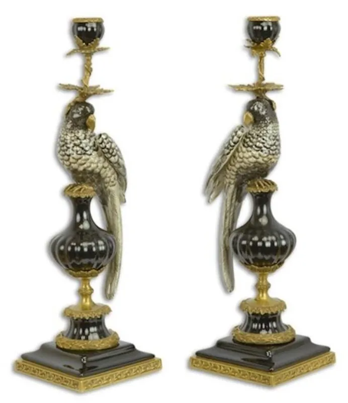 Schneller Versand Casa Padrino Jugendstil Kerzenhalter Set Papagei Schwarz / Gold 16,1 x 12,8 x H. 48 cm - Elegante Porzellan Kerzenständer - Barock & Jugendstil Deko Accessoires