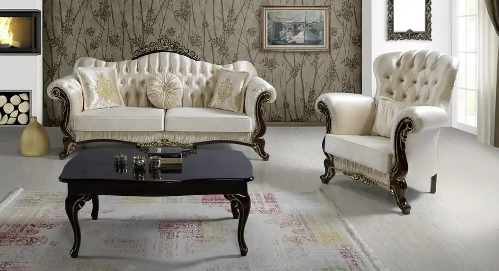 Casa Padrino Barock Wohnzimmer Set Champagnerfarben / Schwarz / Gold - 2 Sofas & 2 Sessel & 1 Couchtisch - Wohnzimmer Möbel - Edel & Prunkvoll Super-Preis