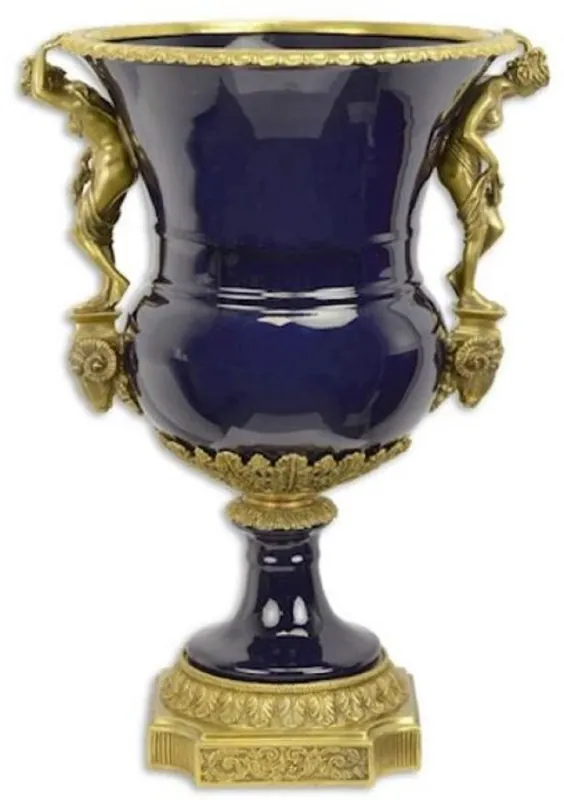 Ausverkauf Casa Padrino Barock Porzellan Vase Dunkelblau / Messingfarben 43,4 x 37,5 x H. 60 cm - Prunkvolle Blumenvase - Deko Accessoires im Barockstil