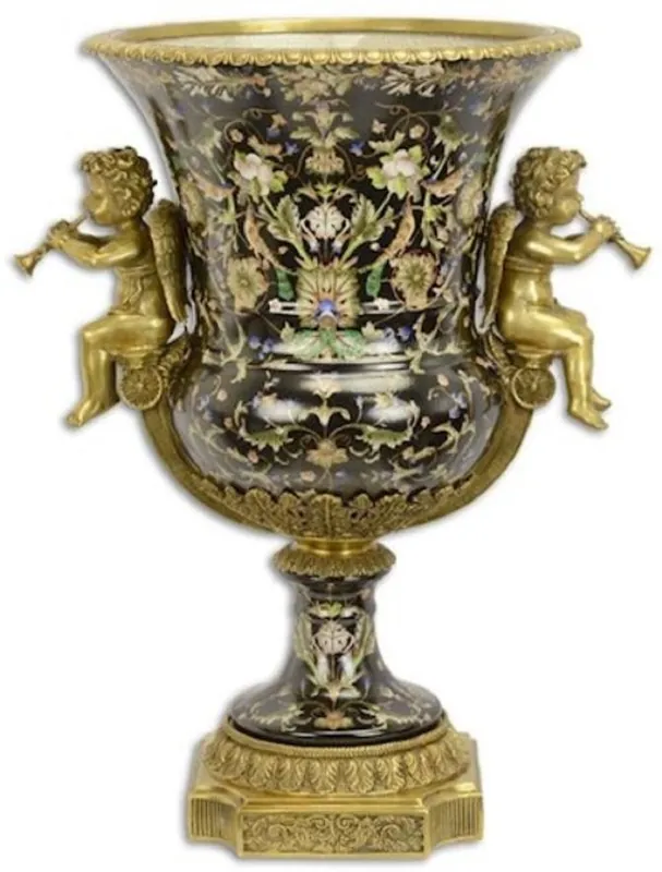 Neu Casa Padrino Barock Porzellan Vase mit Blumen Design und dekorativen Engelsfiguren Schwarz / Mehrfarbig / Messingfarben 49 x 37,5 x H. 61,1 cm - Prunkvolle Blumenvase - Deko Vase im Barockstil