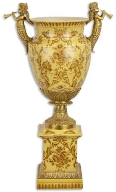 Casa Padrino Barock Porzellan Vase mit Sockel und dekorativen Engelsfiguren Beige / Braun / Messingfarben 38,5 x 22,8 x H. 66,8 cm - Prunkvolle Blumenvase - Deko Vase im Barockstil Mega-Angebot
