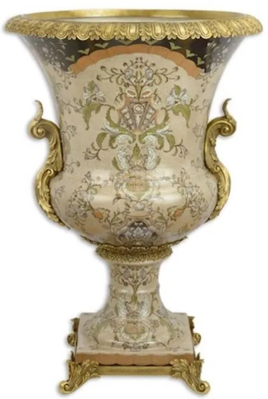 Schneller Versand Casa Padrino Barock Deko Porzellan Vase Mehrfarbig / Messingfarben Ø 52 x H. 75,5 cm - Prunkvolle Blumenvase - Deko Accessoires im Barockstil