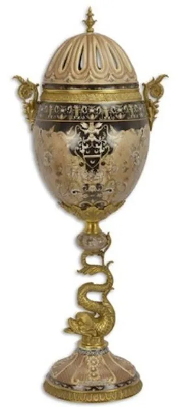 Nur Für Kurze Zeit Casa Padrino Porzellan Deko Vase mit Deckel Beige / Schwarz / Messingfarben 33,5 x 25 x H. 84,3 cm - Deko Accessoires im orientalischen Stil