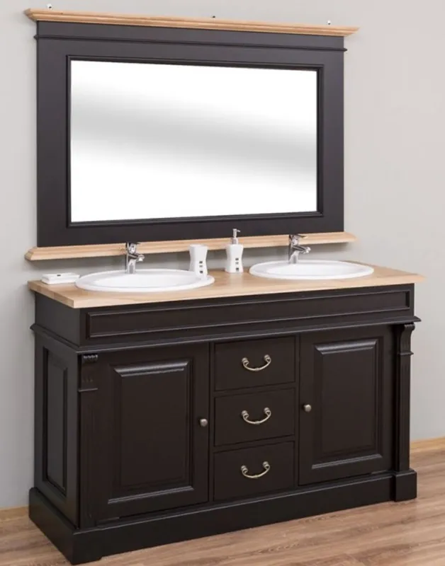 Casa Padrino Landhausstil Badezimmer Set Schwarz / Naturfarben - 1 Doppelwaschtisch & 1 Wandspiegel - Massivholz Badezimmermöbel im Landhausstil Expressversand
