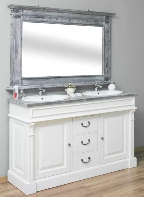Casa Padrino Landhausstil Badezimmer Set Weiß / Grau - 1 Doppelwaschtisch & 1 Wandspiegel - Massivholz Badezimmermöbel im Landhausstil Finale Aktion
