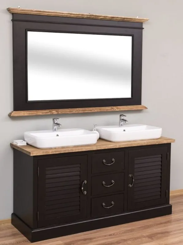 Knallerangebot Casa Padrino Landhausstil Badezimmer Set Schwarz / Naturfarben - 1 Doppelwaschtisch & 1 Wandspiegel - Landhausstil Badezimmer Möbel