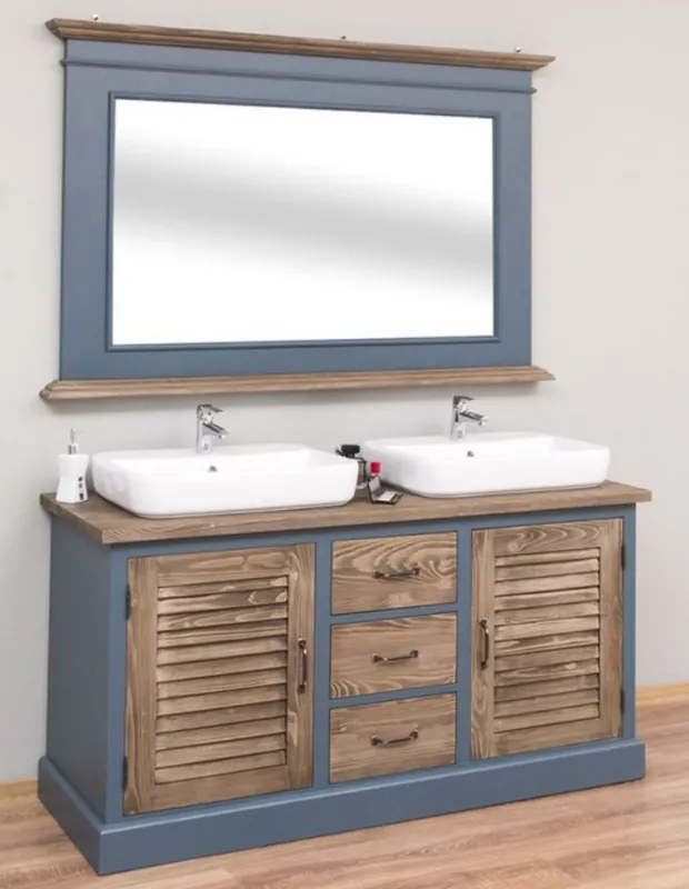 Neu Casa Padrino Landhausstil Badezimmer Set Blau / Braun - 1 Doppelwaschtisch & 1 Wandspiegel - Landhausstil Badezimmer Möbel