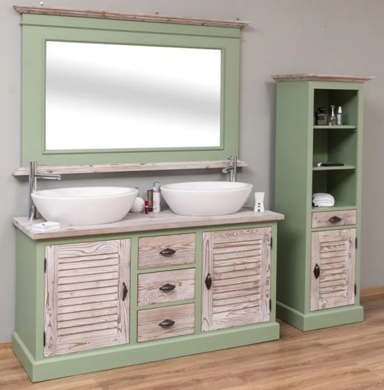 Casa Padrino Landhausstil Badezimmer Set Grün / Naturfarben - 1 Doppelwaschtisch & 1 Wandspiegel & 1 Regalschrank - Massivholz Badezimmer Möbel im Landhausstil Bestpreis