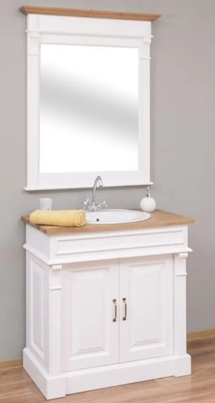 Casa Padrino Landhausstil Badezimmer Set Weiß / Naturfarben - 1 Waschtisch & 1 Wandspiegel - Massivholz Badezimmer Möbel im Landhausstil Beliebt