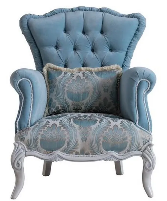 Neu Casa Padrino Luxus Barock Wohnzimmer Sessel mit dekorativem Kissen Hellblau / Grau 85 x 87 x H. 108 cm - Barock Möbel - Edel & Prunkvoll