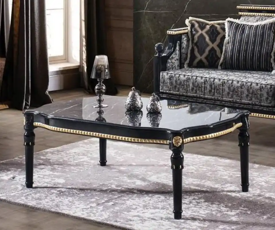 Casa Padrino Luxus Barock Couchtisch Schwarz / Gold 115 x 75 x H. 45 cm - Rechteckiger Wohnzimmertisch mit Glasplatte in Marmoroptik - Edle Wohnzimmer Möbel im Barockstil Garantierte Lieferung