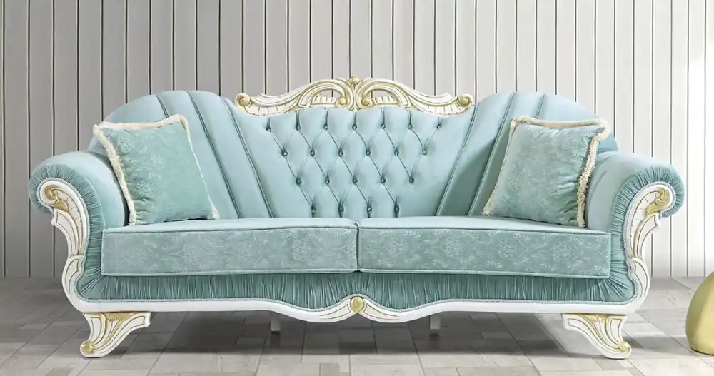 Casa Padrino Barock Wohnzimmer Sofa mit Glitzersteinen Hellgrün / Weiß / Gold 235 x 87 x H. 102 cm - Edle Wohnzimmer Möbel im Barockstil Schneller Versand