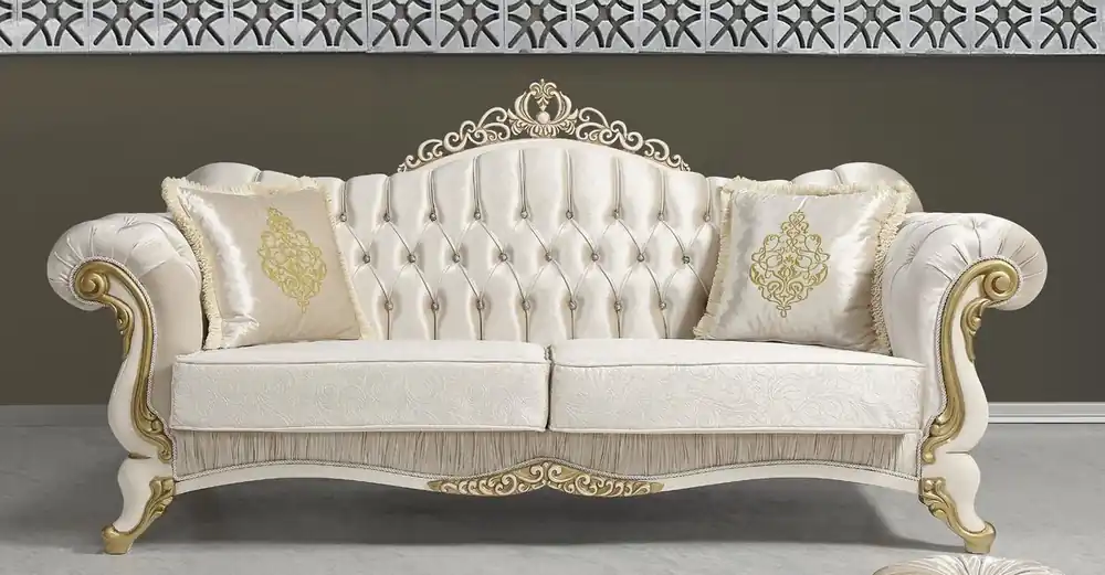 Casa Padrino Barock Wohnzimmer Sofa mit Glitzersteinen Champagnerfarben / Creme / Gold 224 x 83 x H. 112 cm - Wohnzimmer Möbel - Edel & Prunkvoll Preiswert