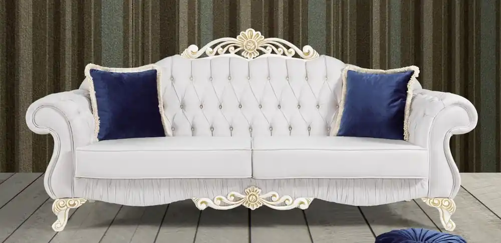 Casa Padrino Barock Sofa Hellgrau / Weiß / Gold 235 x 85 x H. 112 cm - Edles Wohnzimmer Sofa mit Glitzersteinen - Barock Möbel Abverkauf