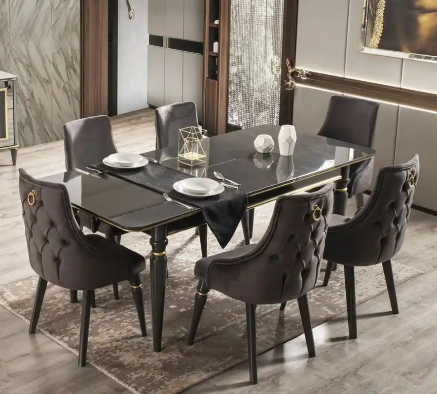 Knallerangebot Casa Padrino Luxus Art Deco Esszimmer Set Grau / Gold - 1 ausziehbarer Esszimmertisch & 6 Esszimmerstühle - Art Deco Esszimmer Möbel - Luxus Qualität