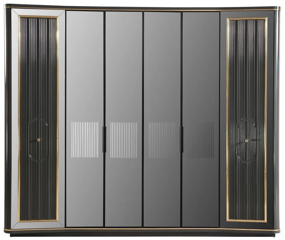 Casa Padrino Luxus Art Deco Schlafzimmerschrank Grau / Gold 265 x 67 x H. 220 cm - Edler Massivholz Kleiderschrank mit 6 verspiegelten Türen - Schlafzimmer Möbel - Luxus Qualität Solange Der Vorrat Reicht