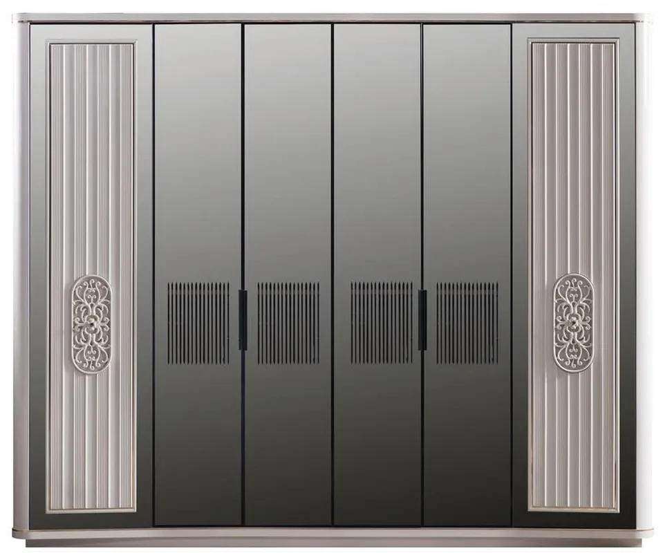 Casa Padrino Luxus Art Deco Schlafzimmerschrank Weiß / Schwarz 265 x 67 x H. 220 cm - Edler Massivholz Kleiderschrank mit 6 verspiegelten Türen - Schlafzimmer Möbel - Luxus Qualität Jetzt Bestellen