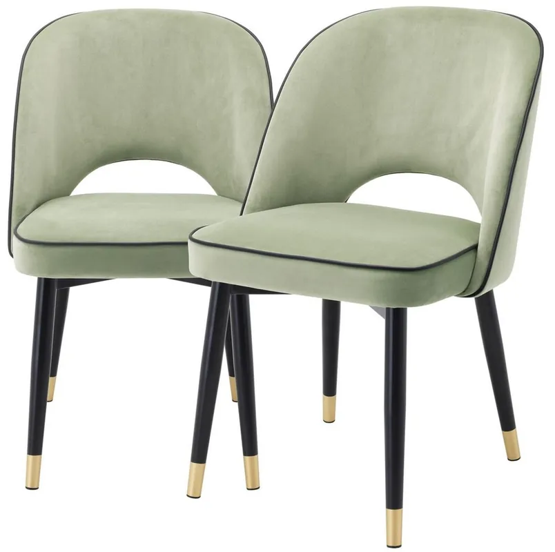 Casa Padrino Luxus Esszimmerstuhl Set Pistaziengrün / Schwarz / Messing 53 x 56 x H. 84 cm - Esszimmerstühle mit edlem Samtstoff - Esszimmer Möbel Echt