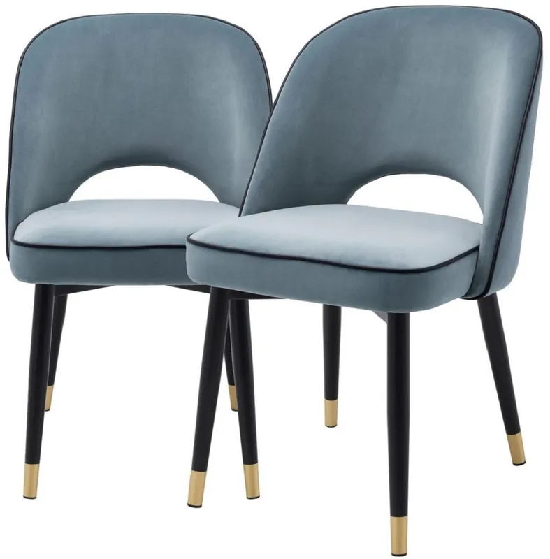 Neue Ware Casa Padrino Luxus Esszimmerstuhl Set Blau / Schwarz / Messing 53 x 56 x H. 84 cm - Esszimmerstühle mit edlem Samtstoff - Esszimmer Möbel