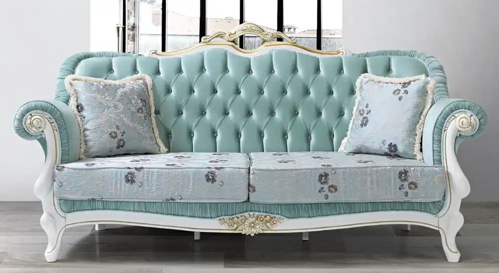 Casa Padrino Barock Wohnzimmer Sofa mit Glitzersteinen und Blumenmuster Hellgrün / Hellblau / Weiß / Gold 215 x 80 x H. 120 cm - Barock Möbel Preiswert