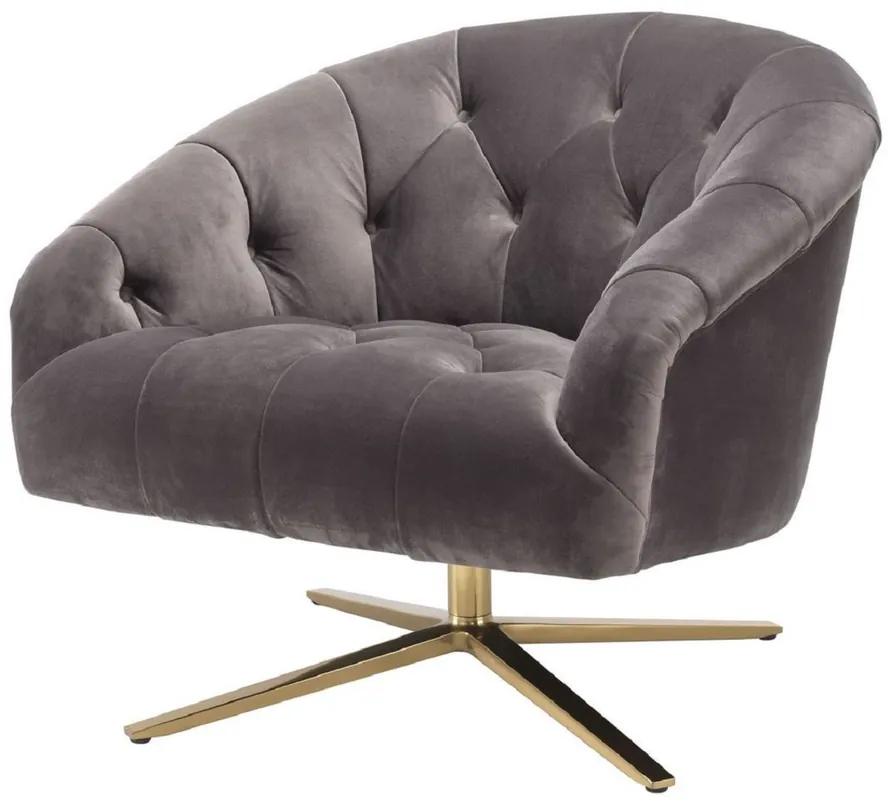 Casa Padrino Luxus Drehsessel Grau / Messingfarben 86 x 87 x H. 74 cm - Wohnzimmer Sessel mit edlem Samtstoff - Luxus Wohnzimmer Möbel Must-Have