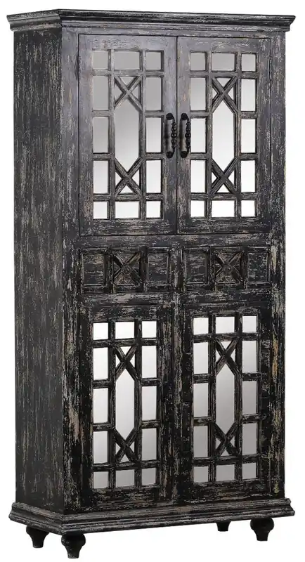 Casa Padrino Landhausstil Vitrine Vintage Schwarz 90 x 40 x H. 180 cm - Massivholz Schrank mit 4 verspiegelten Türen und 2 Schubladen - Vitrinenschrank - Landhausstil Möbel Sichere Zahlung
