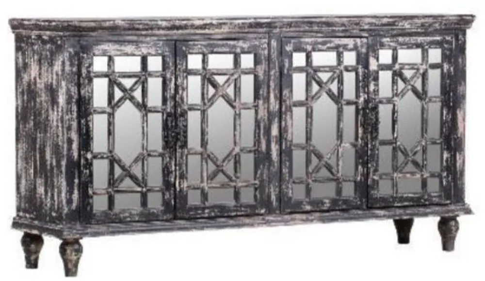 Casa Padrino Landhausstil Sideboard Vintage Schwarz 182 x 45 x H. 100 cm - Massivholz Schrank mit 4 verspiegelten Türen - Landhausstil Möbel Billig