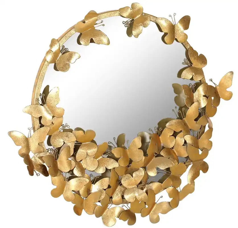 Casa Padrino Designer Spiegel Gold 73 x 5 x H. 70 cm - Moderner pulverbeschichteter Metall Wandspiegel mit dekorativen Schmetterlingen - Deko Accessoires Direktkauf