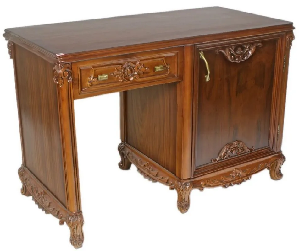 Casa Padrino Barock Schreibtisch Braun / Messingfarben 120 x 60 x H. 80 cm - Handgefertigter Massivholz Bürotisch - Büro Möbel im Barockstil Direkt Vom Hersteller