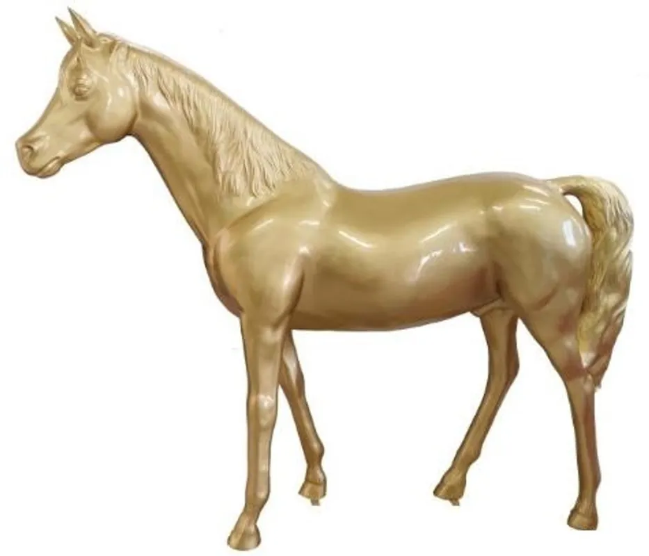 Casa Padrino Designer Dekofigur Pferd Gold 220 x H. 190 cm - Riesige Wetterbeständige Deko Skulptur - Gartendeko Tierfigur Markenware