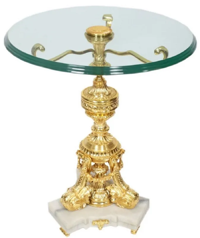 Casa Padrino Barock Beistelltisch Gold / Weiß Ø 53 x H. 67 cm - Runder vergoldeter Bronze Tisch mit Glasplatte und Marmorsockel - Barock Wohnzimmer Möbel Top-Preis