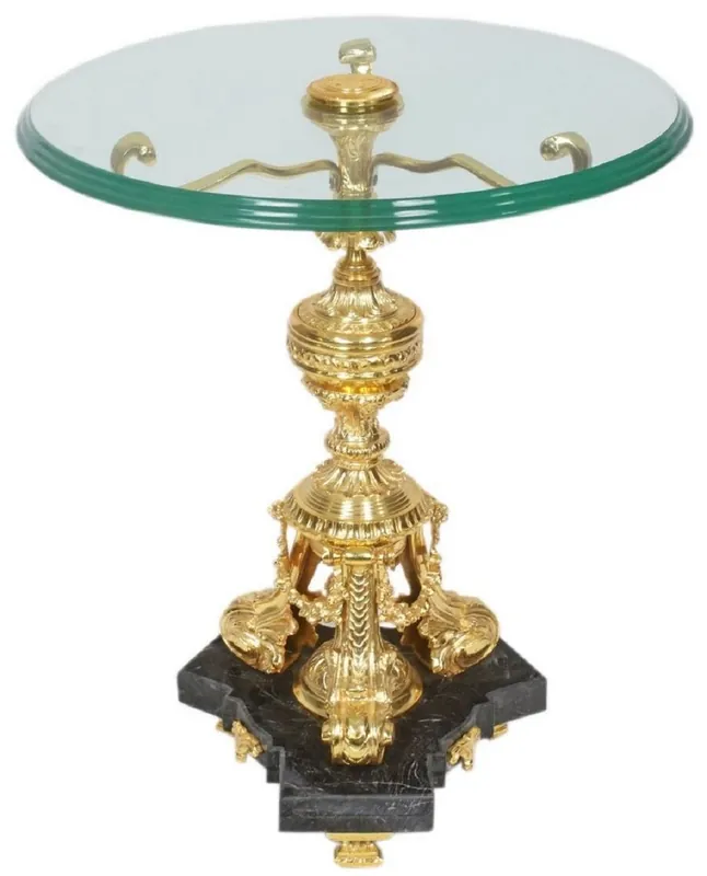 Letzte Chance Casa Padrino Barock Beistelltisch Gold / Schwarz Ø 53 x H. 67 cm - Runder vergoldeter Bronze Tisch mit Glasplatte und Marmorsockel - Barock Wohnzimmer Möbel