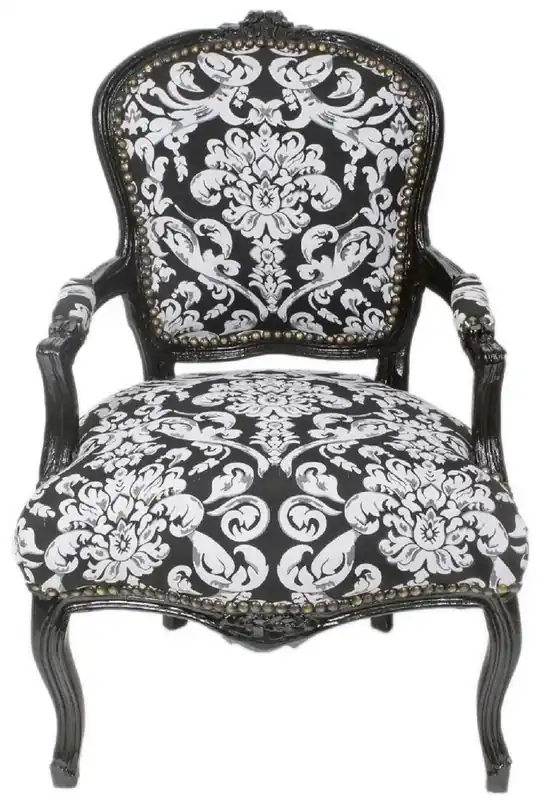 Casa Padrino Barock Salon Stuhl mit Armlehnen und elegantem Muster Schwarz / Weiß 60 x 60 x H. 95 cm - Handgefertigter Antik Stil Stuhl - Möbel im Barockstil Markenware