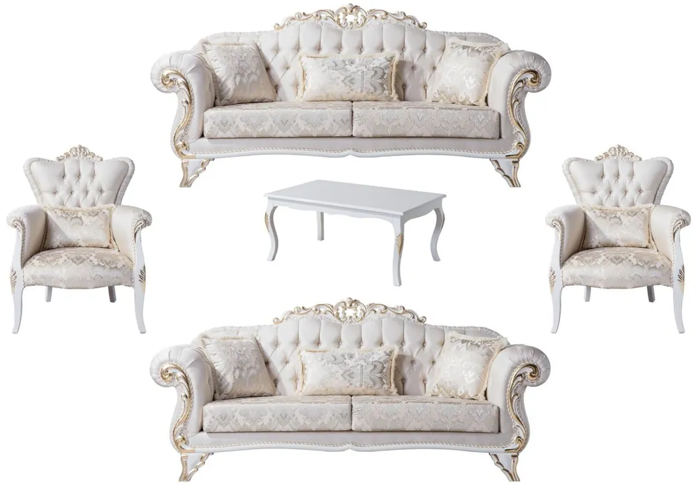 Casa Padrino Luxus Barock Wohnzimmer Set Creme / Weiß / Gold - 2 Sofas & 2 Sessel & 1 Couchtisch - Wohnzimmer Möbel im Barockstil - Edel & Prunkvoll Sale