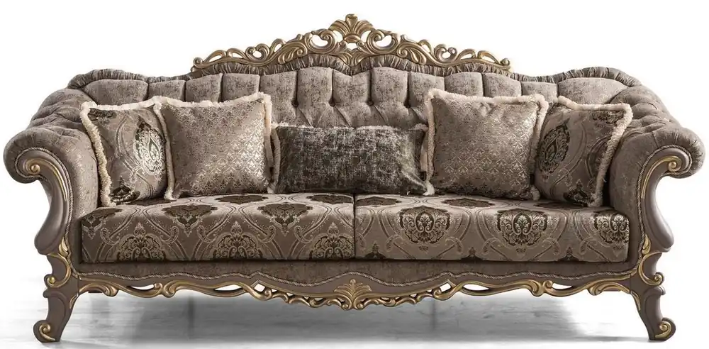 Casa Padrino Luxus Barock Sofa Braun / Grau / Gold 240 x 96 x H. 94 cm - Prunkvolles Wohnzimmer Sofa mit dekorativen Kissen - Möbel im Barockstil Markenprodukt