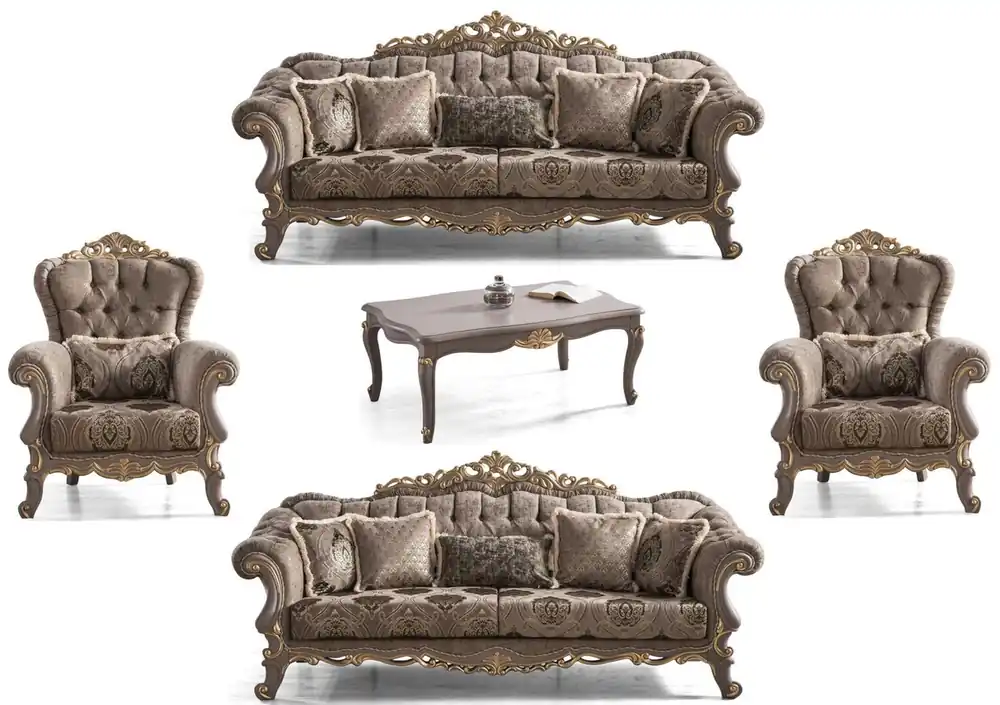 Casa Padrino Luxus Barock Wohnzimmer Set Braun / Grau / Gold - 2 Sofas & 2 Sessel & 1 Couchtisch - Prunkvolle Barock Wohnzimmer Möbel Finale Aktion