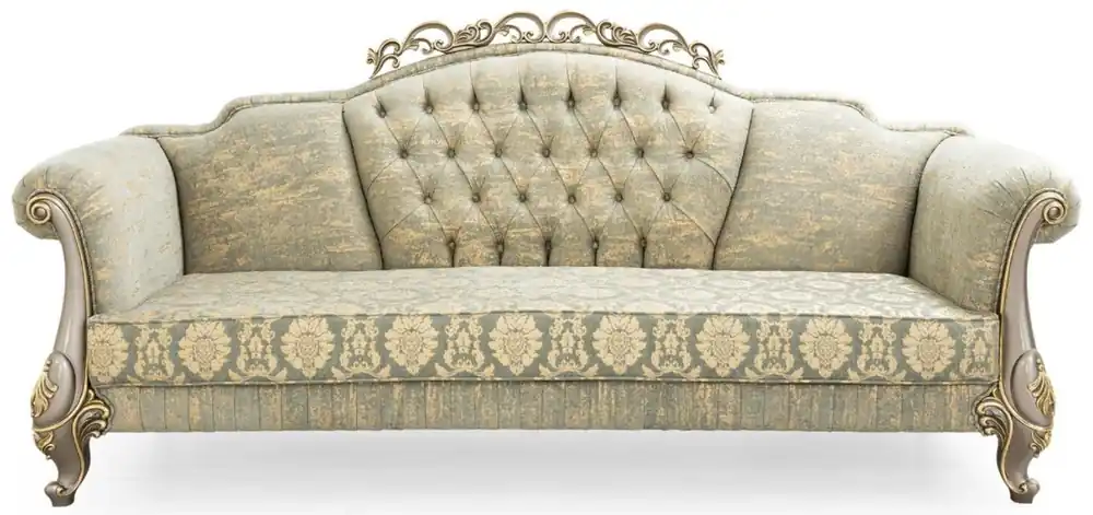 Casa Padrino Luxus Barock Sofa Grün / Gold / Grau / Gold 225 x 90 x H. 110 cm - Prunkvolles Barockstil Wohnzimmer Sofa mit elegantem Muster - Barock Möbel Expressversand