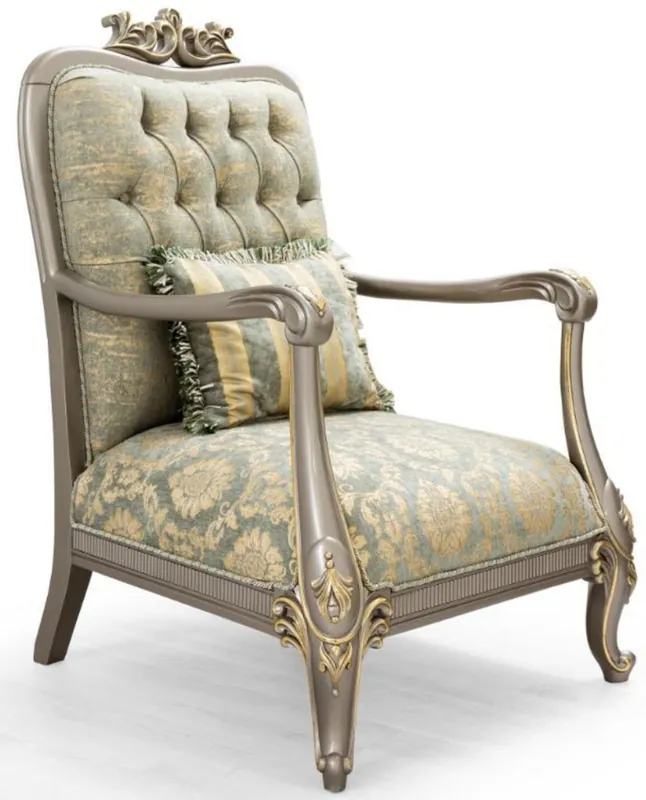 Casa Padrino Luxus Barock Sessel Grün / Gold / Grau / Gold 76 x 87 x H. 117 cm - Prunkvoller Barockstil Wohnzimmer Sessel mit elegantem Muster - Barock Möbel Mega-Angebot