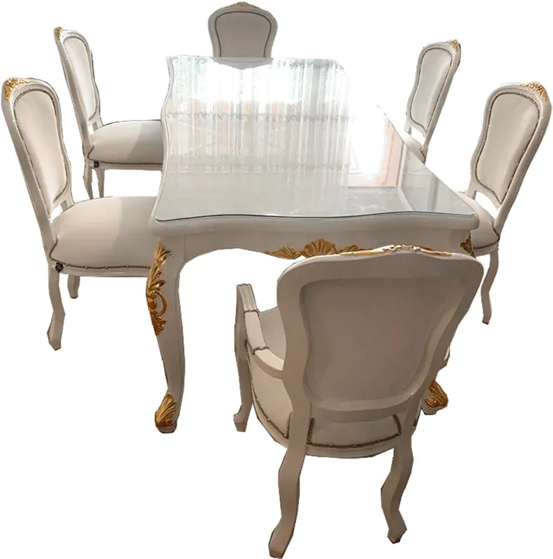 Casa Padrino Luxus Barock Esszimmer Set Weiß / Gold - 1 Esstisch mit Glasplatte & 6 Esszimmerstühle mit Kunstleder - Made in Italy - Luxury Collection Neue Ware