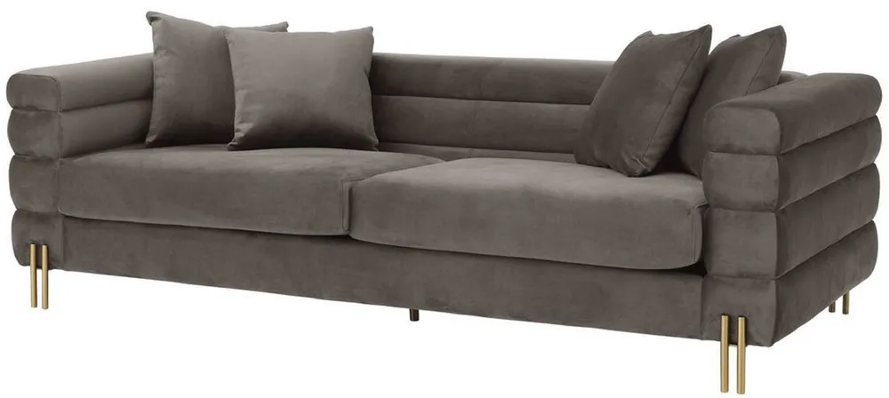 Casa Padrino Luxus Couch Grau / Messingfarben 230 x 95 x H. 70,5 cm - Wohnzimmer Sofa mit edlem Samtstoff - Luxus Möbel Knallerangebot