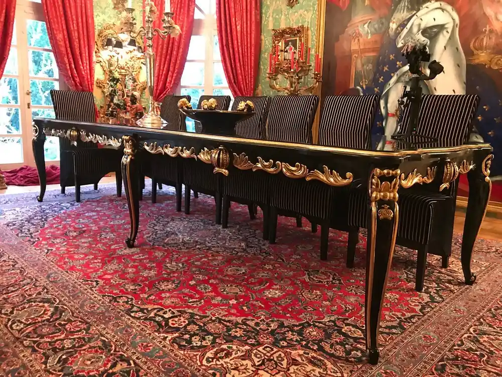 Pompöös by Casa Padrino Barock Luxus Esstisch mit Glasplatte Schwarz / Gold 350 x 120 x H. 80 cm - Pompööser Barock Esstisch designed by Harald Glööckler Sofort Bestellen
