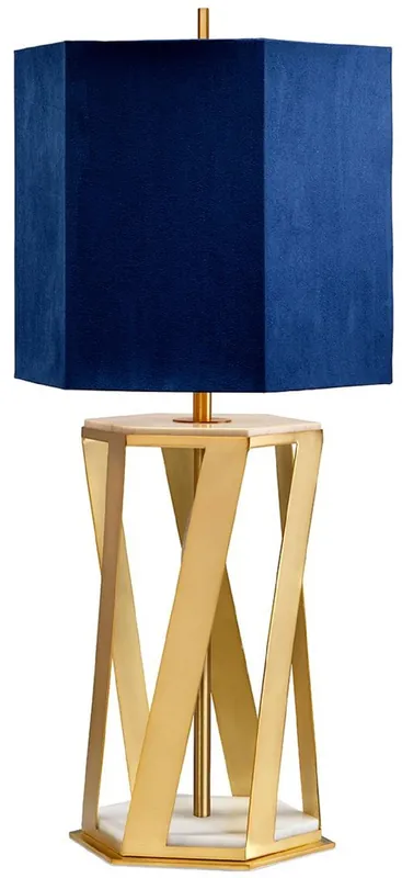 Ausverkauf Casa Padrino Luxus Tischleuchte Messingfarben / Weiß / Blau 27,5 x 27,5 x H. 87 cm - Moderne Tischlampe mit Kunstseide Lampenschirm - Luxus Kollektion