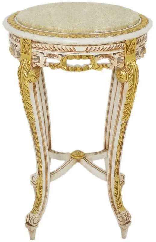 Casa Padrino Barock Beistelltisch mit Marmorplatte Weiß / Beige / Gold / Creme Ø 40 x H. 60 cm - Runder Antik Stil Tisch - Barock Wohnzimmer Möbel Sonderaktion