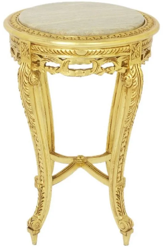 Casa Padrino Barock Beistelltisch mit Marmorplatte Gold / Creme Ø 40 x H. 60 cm - Runder Antik Stil Tisch - Barock Wohnzimmer Möbel Mega-Angebot