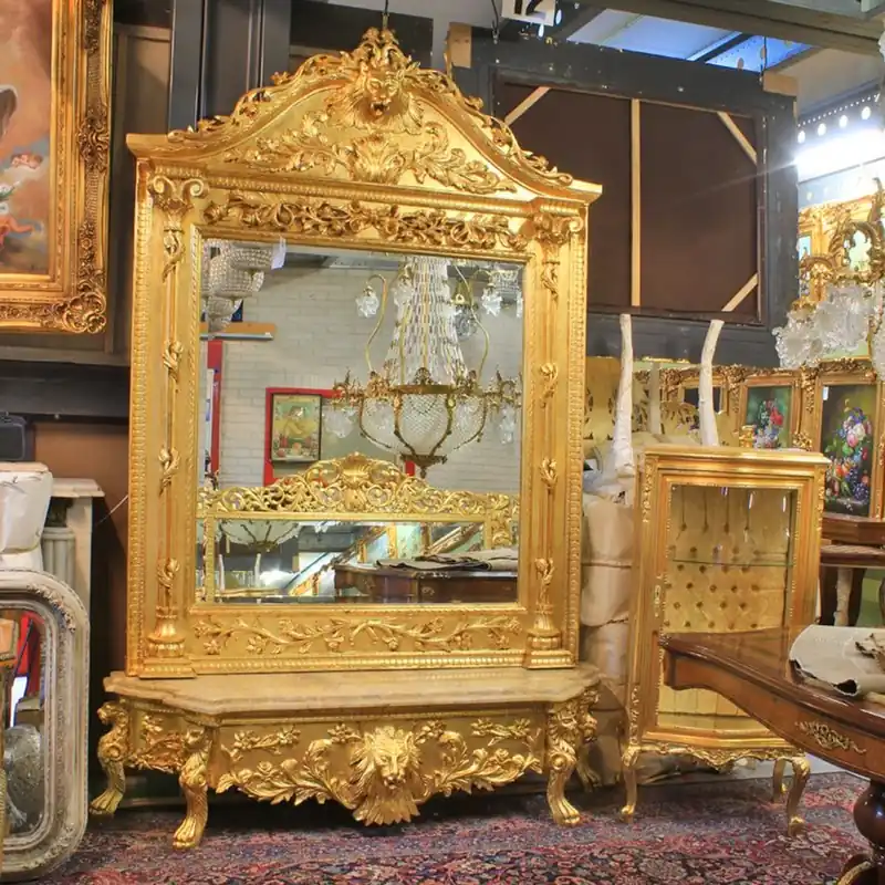 Aktuell Casa Padrino Luxus Barock Spiegelkonsole Gold Lion mit Marmorplatte - Luxus Wohnzimmer Möbel Konsole mit Spiegel Löwenkopf