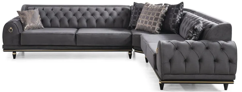 Günstig Casa Padrino Luxus Art Deco Chesterfield Ecksofa Grau / Schwarz / Gold 320 x 285 x H. 82 cm - Edles Wohnzimmer Sofa mit dekorativen Kissen - Luxus Qualität
