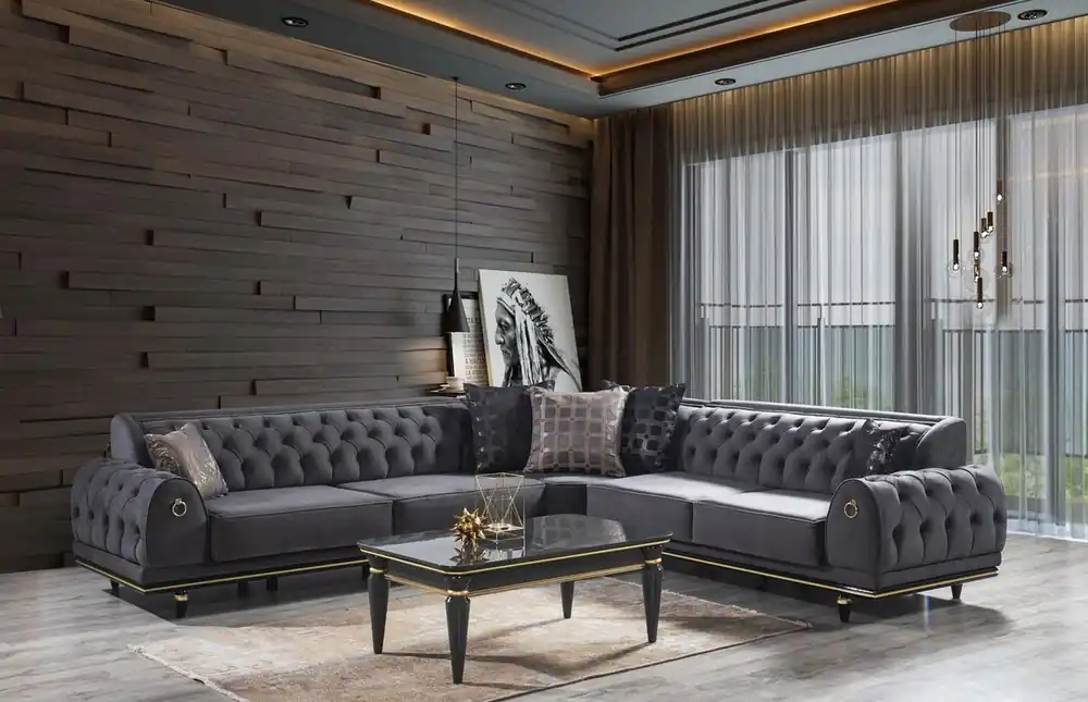 Casa Padrino Luxus Art Deco Chesterfield Wohnzimmer Set Grau / Schwarz / Gold - 1 Ecksofa mit Kissen & 1 Couchtisch - Edle Wohnzimmer Möbel - Luxus Qualität Abverkauf