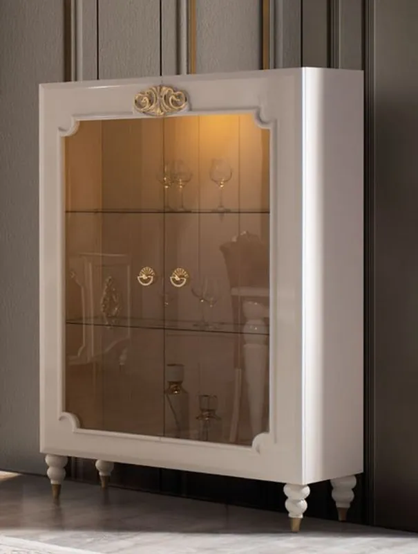 Casa Padrino Luxus Barock Vitrine Weiß / Gold 116 x 45 x H. 170 cm - Beleuchteter Massivholz Vitrinenschrank mit 2 Glastüren - Edle Barock Möbel Preisknaller